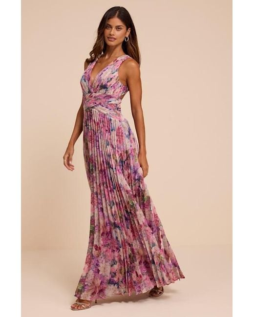 Lulus Red Andra Floral Pleated Lace-Up Maxi Dress