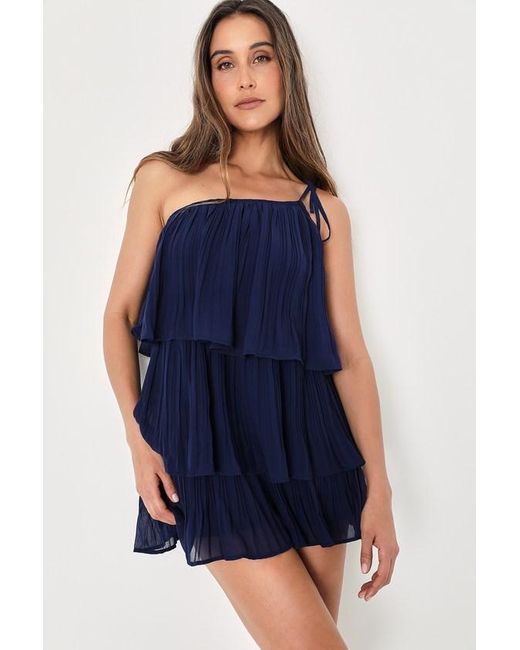 Lulus Blue Blowing Kisses Pleated One-Shoulder Mini Dress