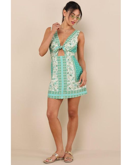 Lulus Green Silvana Multi Floral Knot-Front Mini Dress