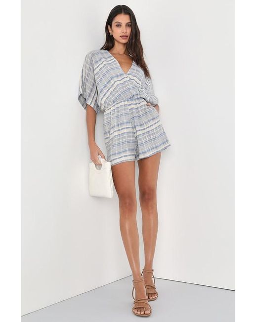 Lulus Gray Coastal Cruise And Striped Short Sleeve Romper