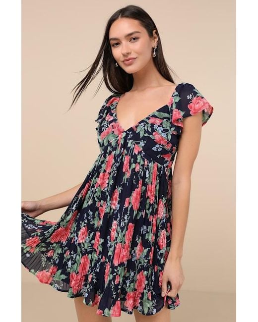 Lulus Blue Amalfi Coast Dark Floral Pleated Flutter Sleeve Mini Dress
