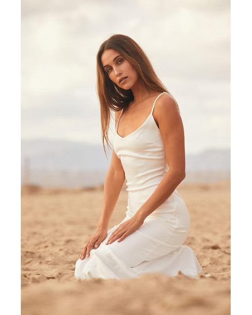 Lulus Natural Strictly Romance Satin Asymmetrical Tiered Midi Dress