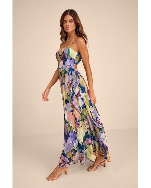 Lulus Blue Holloway Multi Floral Pleated Maxi Dress