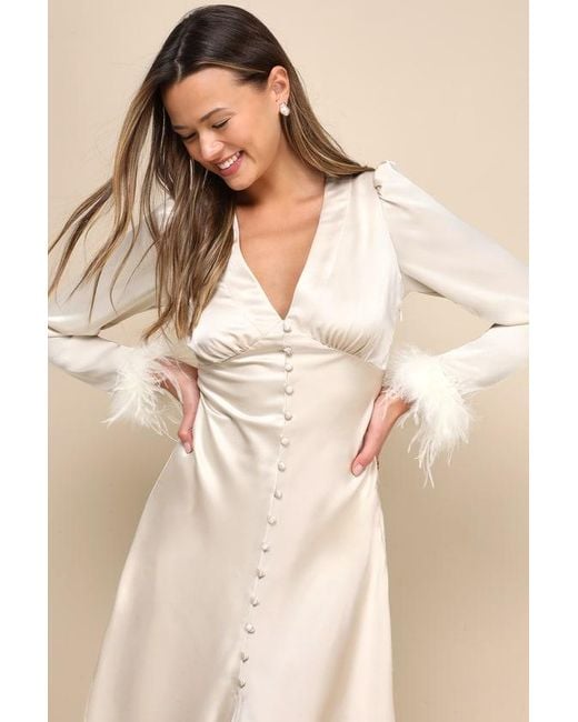 Lulus White Precious Aura Satin Feather Long Sleeve Midi Dress