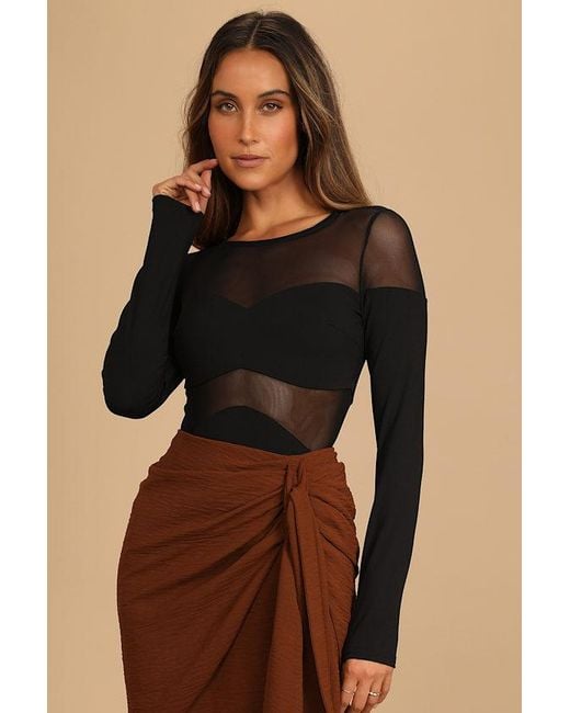 Lulus Black Mesh Appeal Long Sleeve Bodysuit