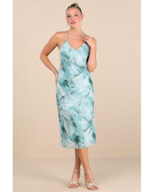 Lulus Blue Bright Charm Abstract Print Chiffon Slip Midi Dress