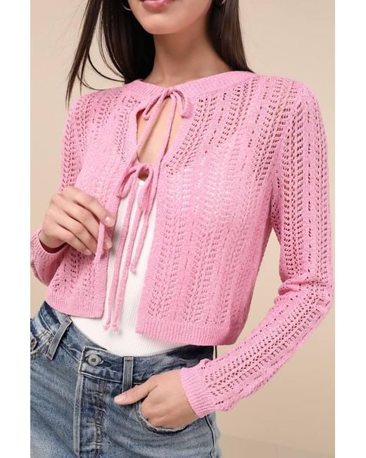 Lulus Pink Alwilda Pointelle Knit Tie-Front Cardigan Sweater Top