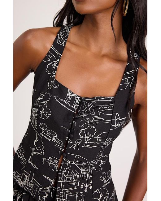 Lulus Black Ravia Print Button-Front Tank Top