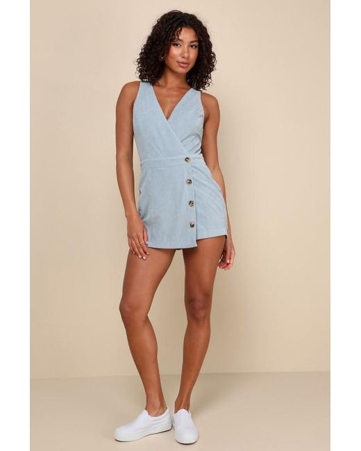 Lulus Blue Cute Mindset Corduroy Faux-Wrap Skort Romper