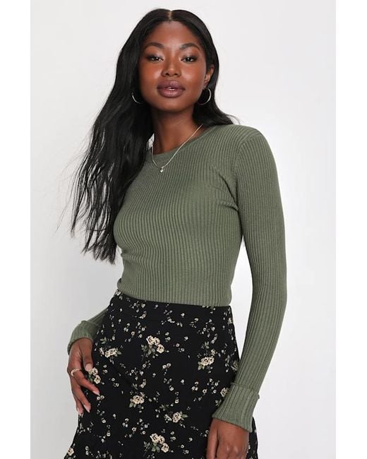 Lulus Basics Green Karlee Ribbed Knit Long Sleeve Sweater Top