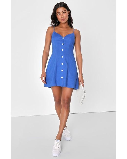 Lulus Blue Favorite Find Royal Linen Mini Dress With Pockets