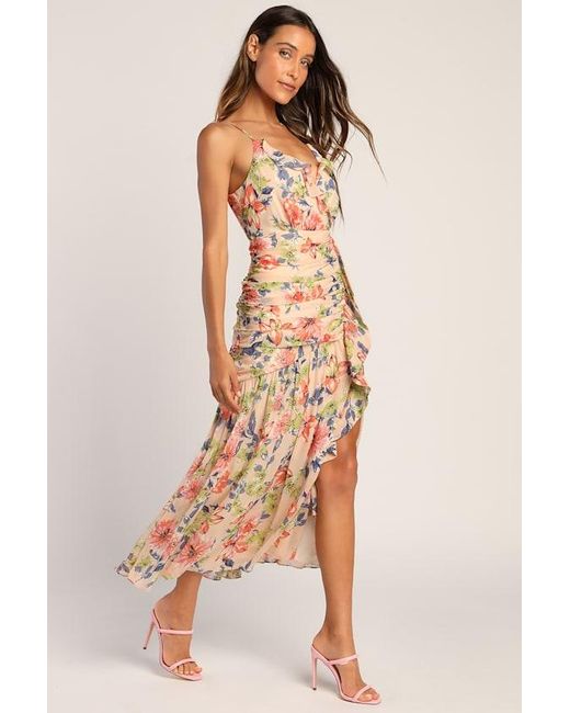 Lulus Natural Stunning Soiree Floral Print Ruched Midi Dress