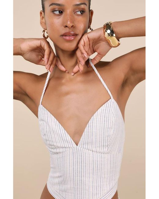 Lulus Brown Anahita Cream And Striped Halter Top