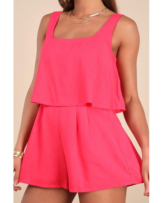Lulus Pink Effortless Escape Linen Sleeveless Flounce Romper