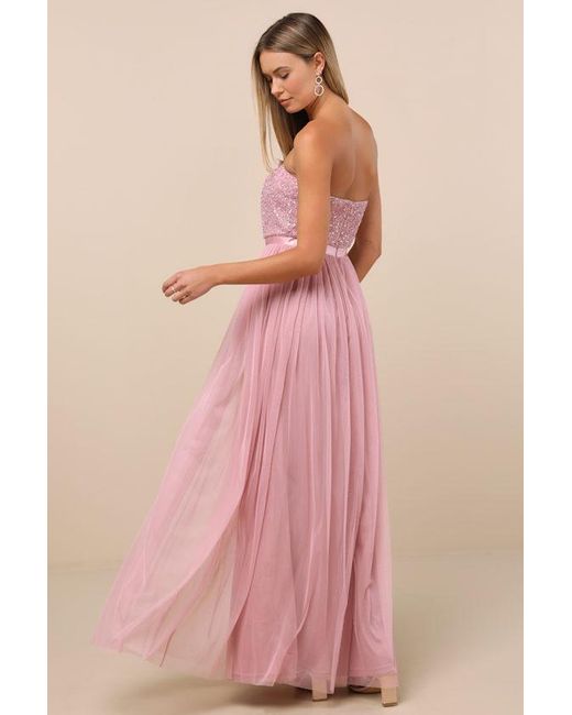 Lulus Pink Lonica Sequin Beaded Strapless Maxi Dress