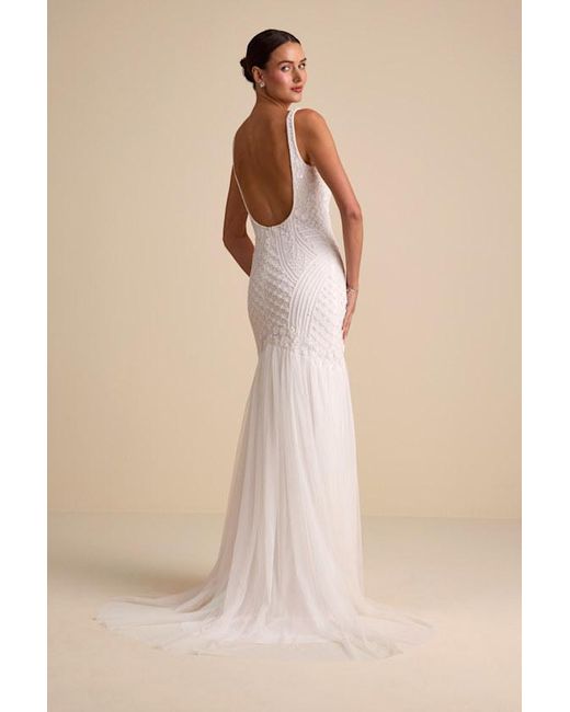 Lulus Natural Kentworth Sequin Beaded Scoop Back Maxi Dress