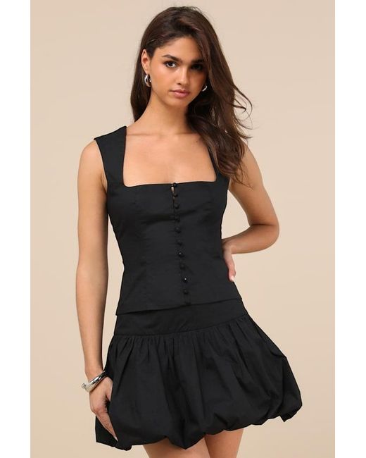 Lulus Black Evynne Poplin Cap Sleeve Button-Front Top
