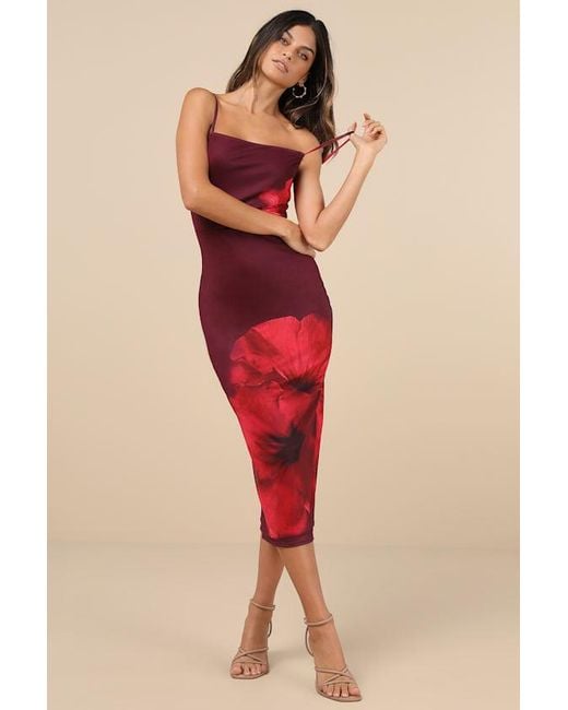 Lulus Red Jaela Floral Mesh Sleeveless Bodycon Midi Dress