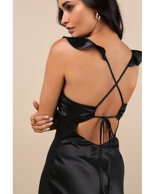 Lulus Black Exuberant Luxury Satin Ruffled Lace-Up Maxi Dress
