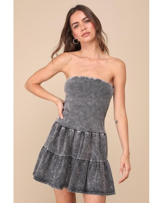 Lulus Gray Cute Always Mineral Washed Ribbed Tiered Mini Dress