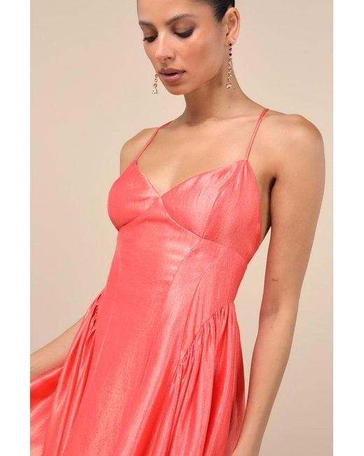 Lulus Paride Shiny Gathered Lace-Up Midi Dress