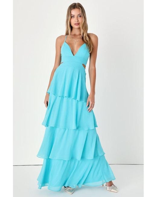 Lulus Blue Tier And Now Tie-Back Tiered Maxi Dress