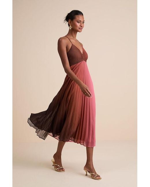 Lulus Pink Belisse Rust Ombre Pleated Lace-Up Midi Dress