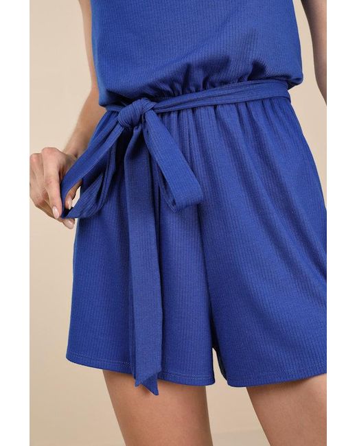 Lulus Blue Leisurely Moments Ribbed Knit Strapless Lounge Romper