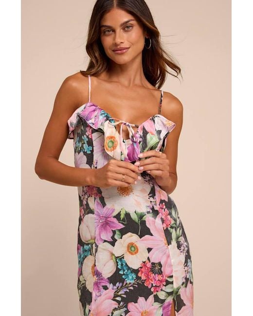 Lulus Natural Kayla Multi Floral Ruffled Midi Dress