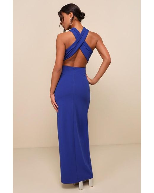 Lulus Blue Head To Cocktail Hour Halter Neck Maxi Dress