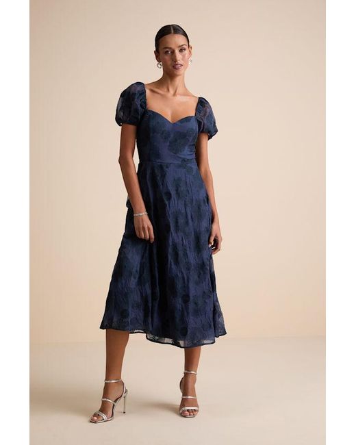 Lulus Blue Sweetest Behavior Embroidered Puff Sleeve Midi Dress
