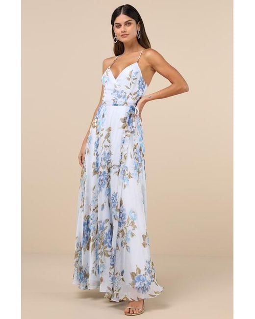 Lulus Blue Oh-So Romantic Pale Floral Print Sleeveless Wrap Maxi Dress