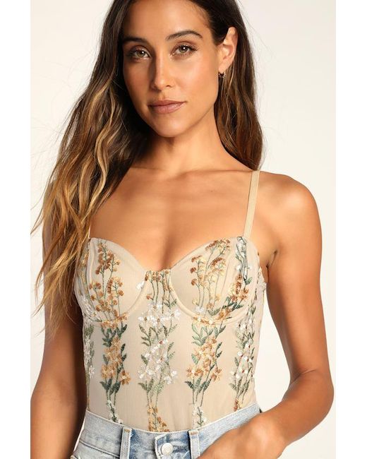 Lulus Natural Essence Of Elegance Embroidered Bustier Bodysuit