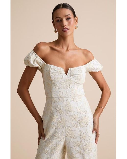 Lulus Natural New Glam Cream Floral Jacquard Bustier Off-The-Shoulder Jumpsuit
