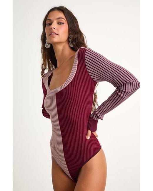 Lulus Red Mod Cutie Color Block Ribbed Long Sleeve Bodysuit