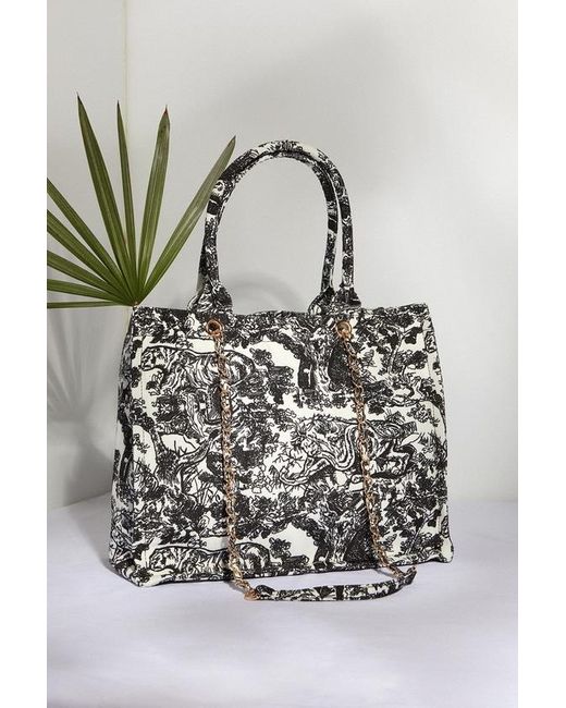 Lulus Gray Got It All Toile Print Tote Bag