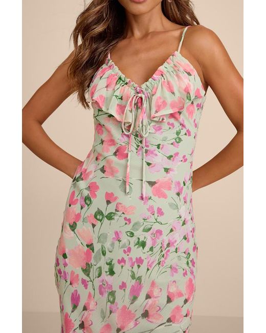 Lulus Natural Oshia Sage Multi Floral Ruffled Midi Dress
