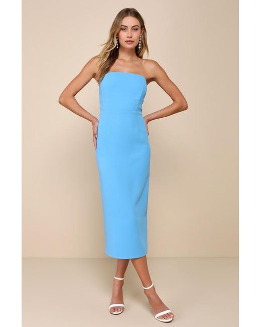 Lulus Blue Vip Instinct Light Strapless Midi Dress