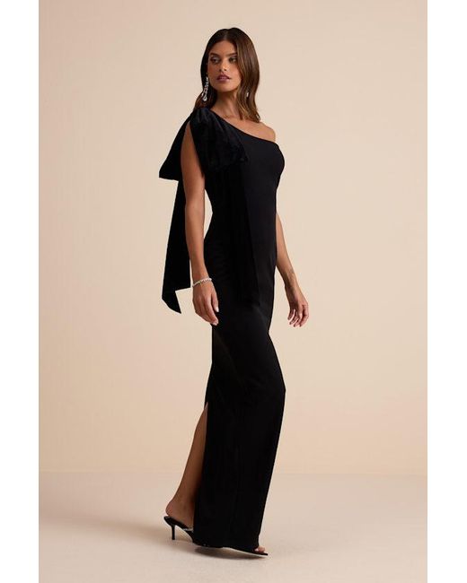 Lulus Natural Amarila One-Shoulder Velvet Bow Maxi Dress