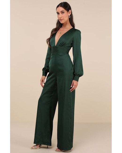 Lulus Green Unbelievable Chicness Satin Long Sleeve Wide-Leg Jumpsuit