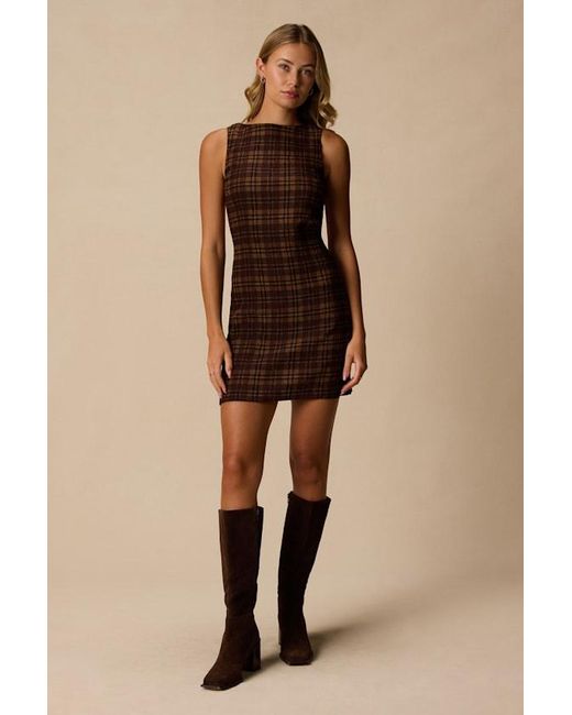 Lulus Brown Kimber Multi Plaid Cutout Mini Dress