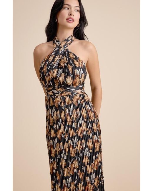 Lulus Natural Gardena Floral Pleated Cross-Front Halter Midi Dress