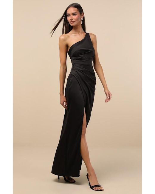 Lulus Black Dreaming Of Elegance Satin One-Shoulder Maxi Dress
