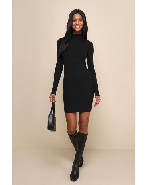 Lulus Natural Dashing Ribbed Mock Neck Long Sleeve Bodycon Mini Dress