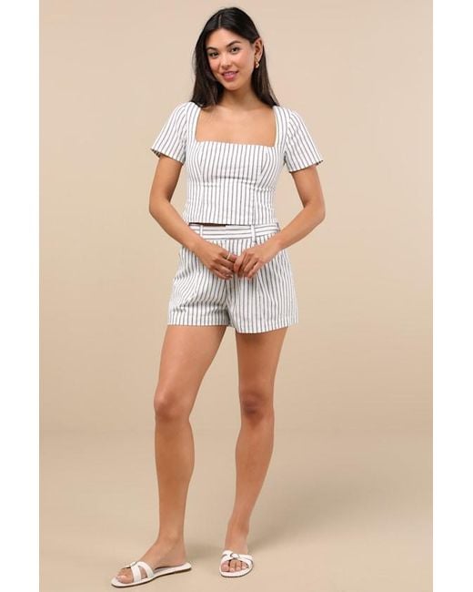 Lulus White Danai And Slate Striped Short Sleeve Crop Top