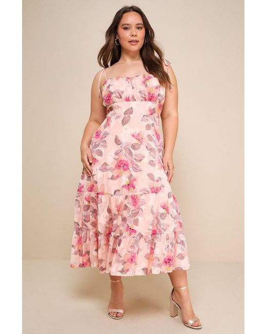 Lulus Pink Tea Party Chic Floral Print Tie-Strap Tiered Midi Dress