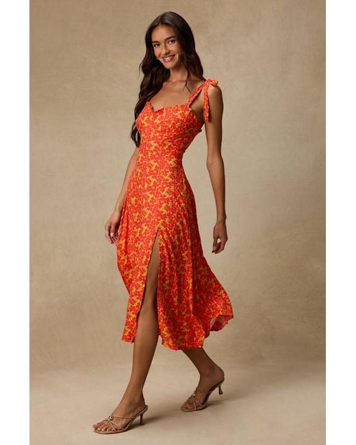 Lulus Red Dara Multi Floral Tie-Strap Midi Dress