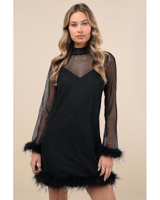 Lulus Black Immaculate Charisma Mesh Feather Long Sleeve Mini Dress