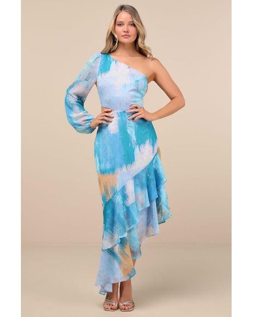 Lulus Blue Faria Multi Abstract Metallic Clip Dot Midi Dress