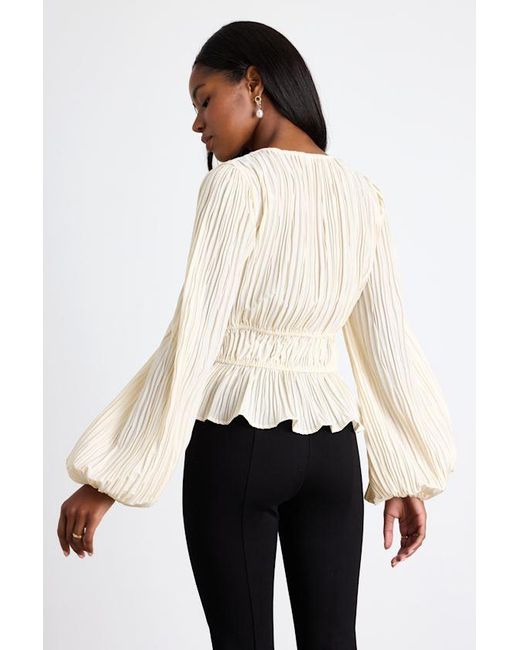 Lulus Black Yvetta Cream Plisse Balloon Sleeve Bow Top